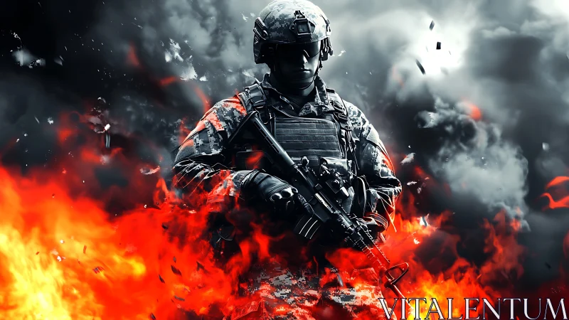 Armored soldier stands amid blazing battlefield inferno
