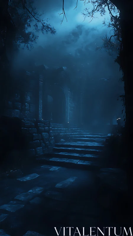 Moonlit stone stairway climbs toward haunted forest ruins.