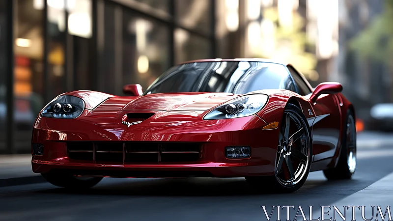 Low-angle render isolates red sports coupe in urban street