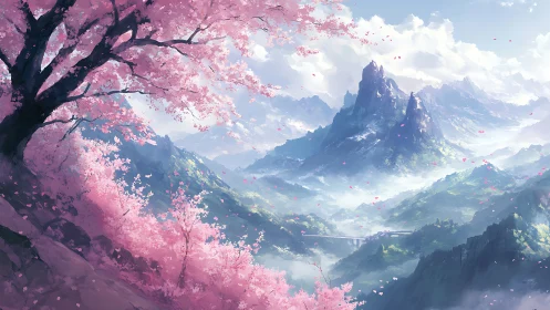 Cherry blossom valley overlooks misty blue mountain peaks