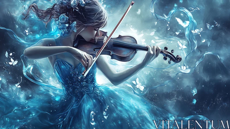 Female violinist rendered in blue-toned digital fantasy scene