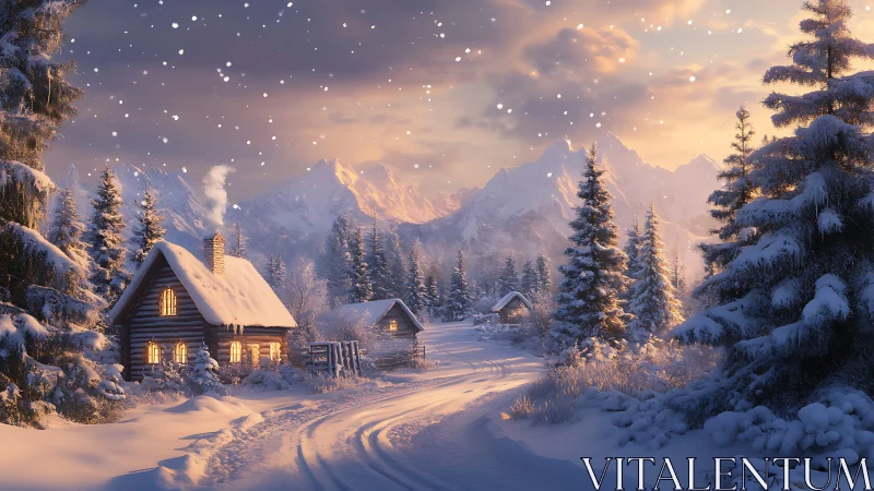 Snow-covered alpine cabins at dusk with glowing window light