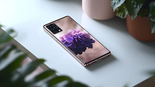 Rose-gold smartphone with quad camera in botanical softbox scene.