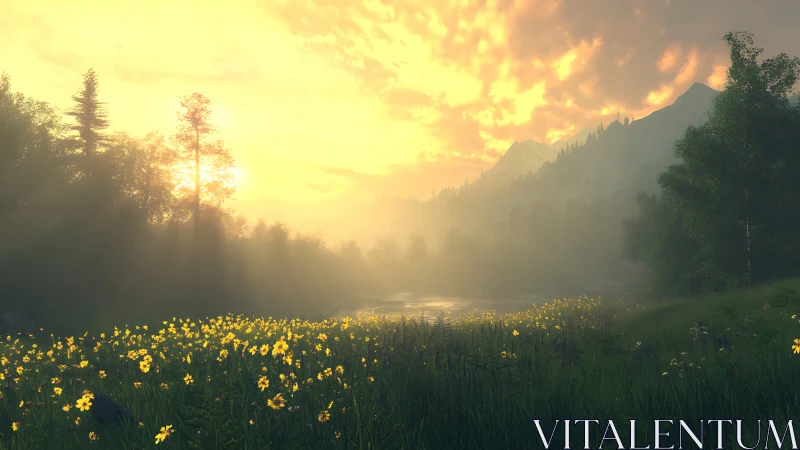 Sunlit wildflower valley breathing under molten morning sky.