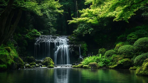 Forest waterfall pours into still mossy pool at dusk