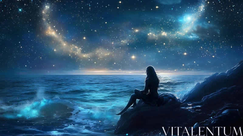 Solitary silhouette studies luminous night sky over ocean