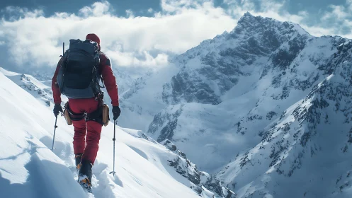 Alpinist ascending steep glaciated ridge under stratified clouds.