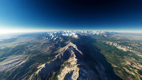 High altitude view reveals sweeping snowcapped mountain range