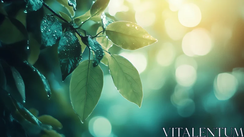 Morning dew on sunlit leaves in a dreamy forest glow.