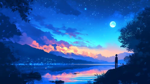 Night lakeside vista with silhouetted figure under sky.