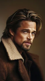 Brooding man in brown coat gazes with quiet intensity.