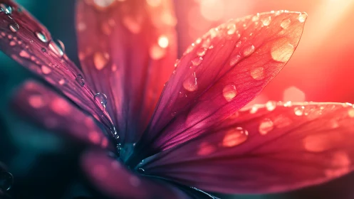 Crimson petals adorned with dewdrops in vibrant sunlight.