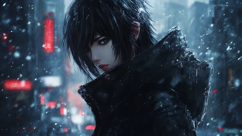 Dark haired figure in snowy neon city street at night.