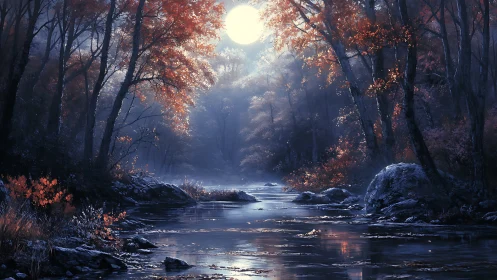 Moonlit Forest Stream: Autumn Woodland Digital Painting.