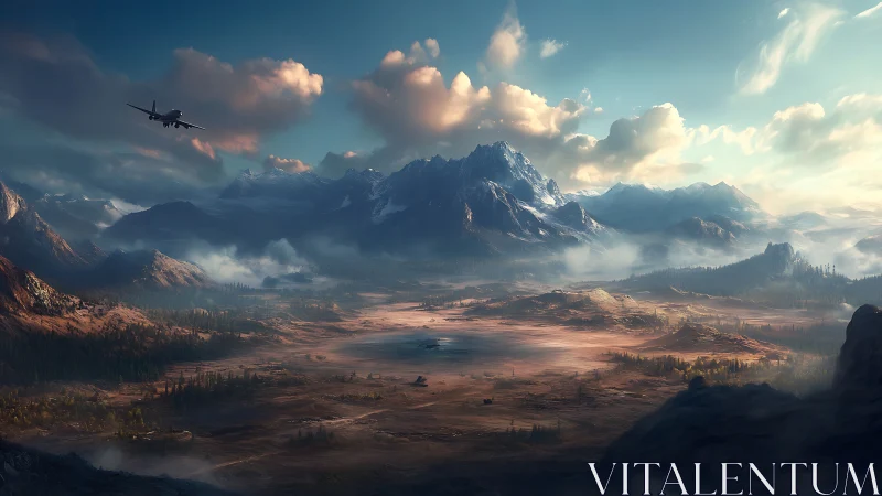 Wide-angle aircraft approach over volumetric-lit alpine basin