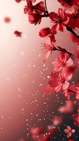Red Cherry Blossoms with Bokeh Particles in Soft-Focus Composition.