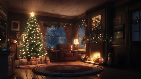 Luminous Christmas interior with tree, hearth, and snowfall glow.