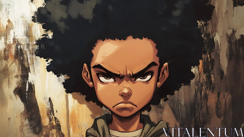 Intense close-up of stylized boy with textured painterly backdrop