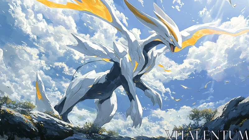 Celestial mech dragon soars through fractured cloudscape