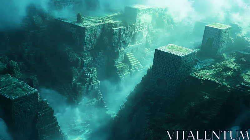 Volumetric-lit megastructure ruins in emerald atmospheric haze.