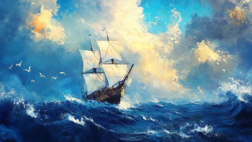 Sailing vessel on open sea beneath dense cloud formations.