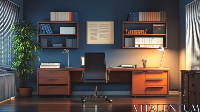 Office workspace shows organized desk, shelving, and lighting