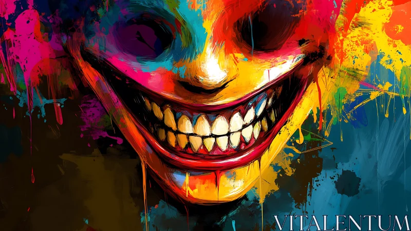 Vividly saturated demonic grinning mask in abstract splatter field
