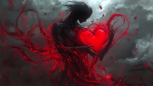 Shadow figure holding glowing red heart amid swirling storm.