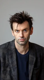 Man with spiked hair stares directly at camera indoors