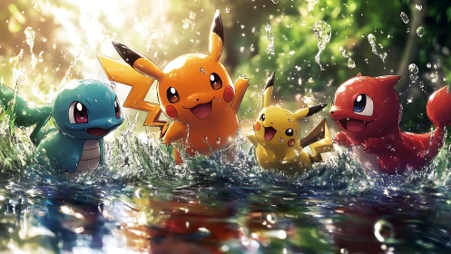 Pokemon characters playfully splashing in sunlit water.