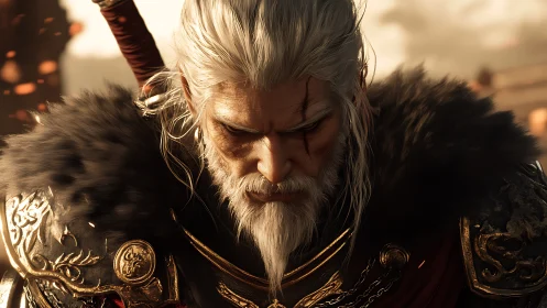 Battle-scarred silver warlord broods in ember-laced dusk.