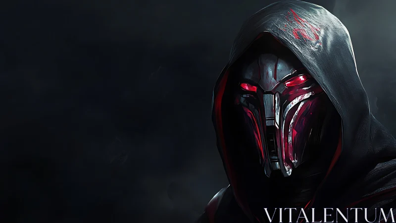 Shadowed sci fi warrior gazes out with glowing red eyes