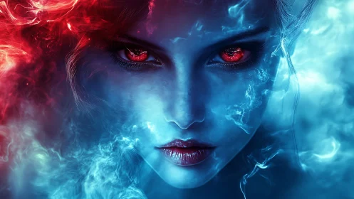 Mystical fire and ice sorceress with glowing crimson gaze.