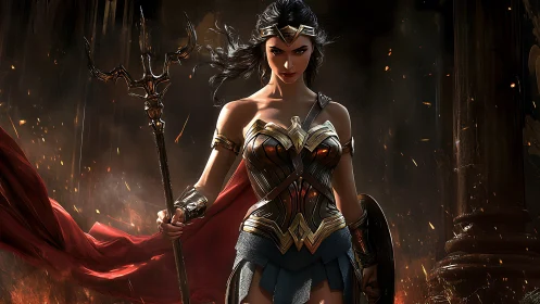 Digital painting of warrior heroine in dramatic ember-lit arena.