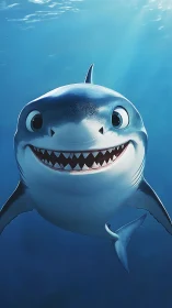 Cartoon shark swims forward with wide smile underwater