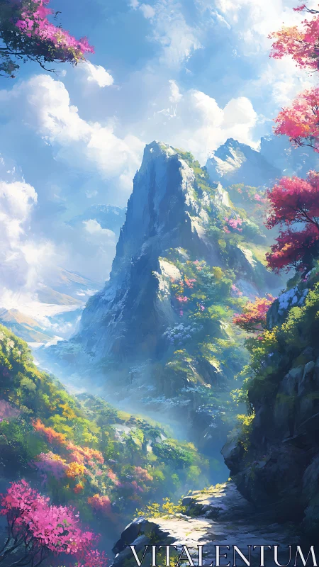 Mountain valley landscape with flowering trees and clouds.