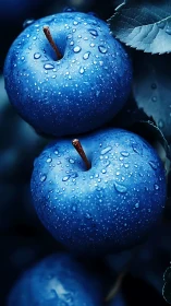 Blue apples glisten with dewdrops in dramatic close-up.