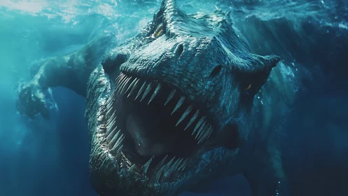 Underwater prehistoric predator with open jaws in motion.