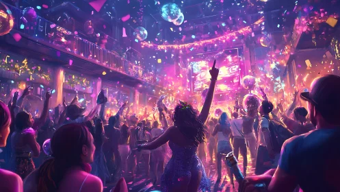 Crowded nightclub dance floor under vivid neon confetti glow.