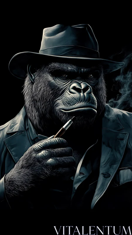 Noir-drenched gorilla detective in smoky fedora portrait.