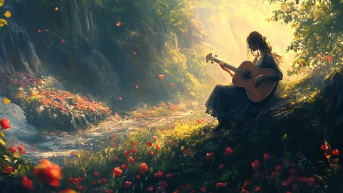 Guitar player in glowing flower forest beside stream at dusk.
