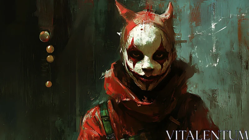 Masked trickster stands in eerie teal shadows and blood red