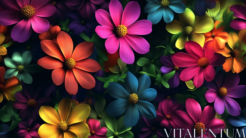 Vibrant Cosmos Flowers: Radiant Digital Blooms Against Dark.