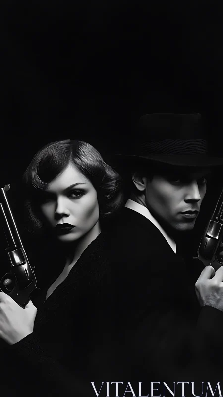 Vintage noir partners stand back to back in quiet tension.