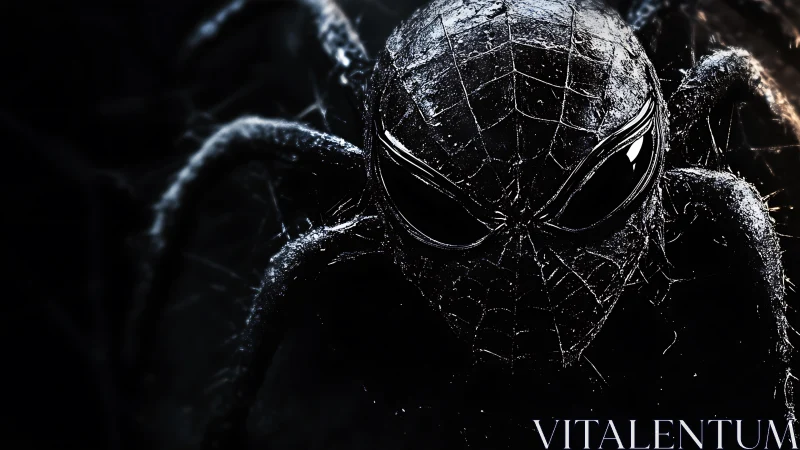 Dark stylized spider head with webbed texture detail.