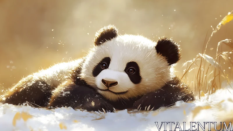 Snowlit juvenile panda resting in shallow winter meadow glow