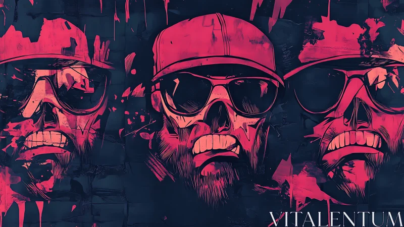 Three neon skull faces in caps and sunglasses on dark wall.