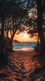 Warm sunset beach path framed by silhouetted coastal pines