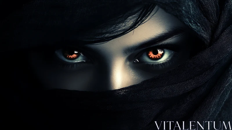 Veiled gaze with glowing ember eyes in dark shroud.