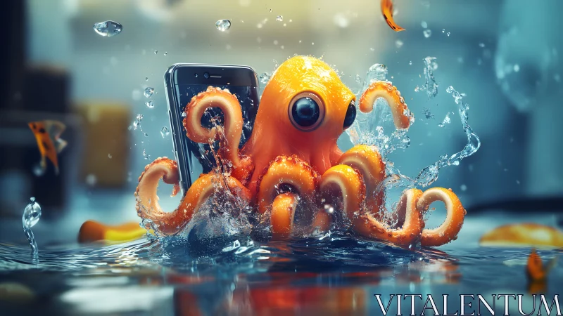 Playful orange octopus holding smartphone in vibrant digital art.
